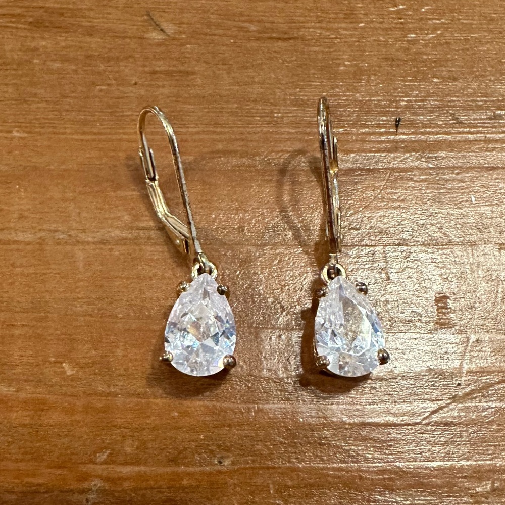 Lord & Taylor Clip-On Gold Diamond Drop Hoop Earrings - Picture 3 of 4